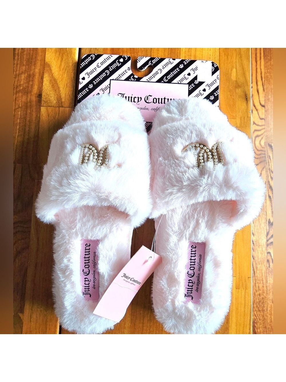 NEW! Juicy Couture Women's Faux Fur Slippers In Blush/Pearl Size M 6.5/7.5